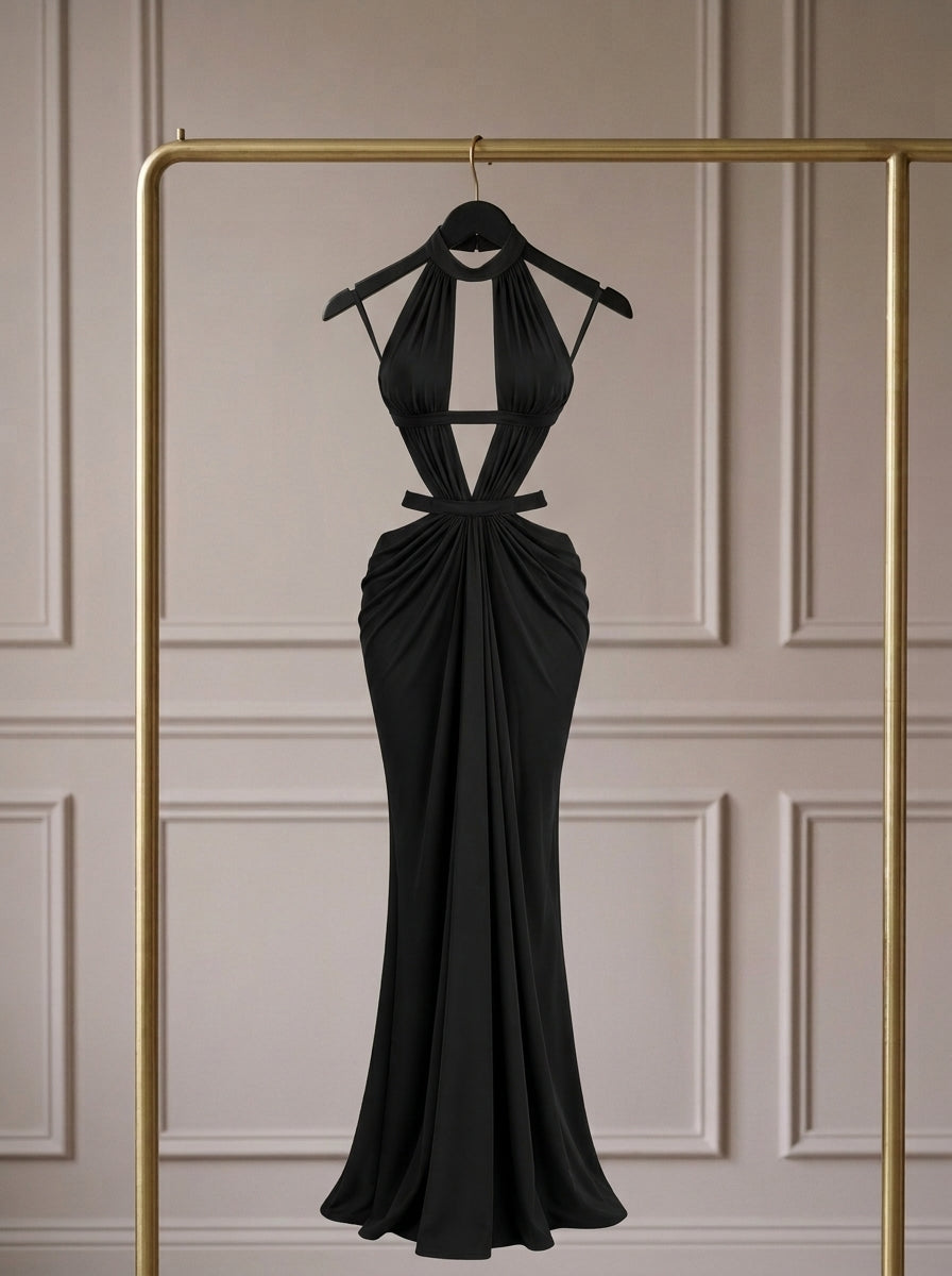 Aurévia — Vestido Maxi Halter Cut-Out · Elegancia Escultural