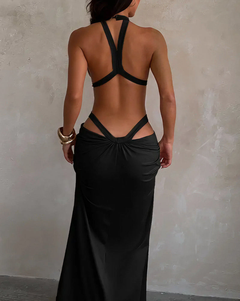Aurévia — Vestido Maxi Halter Cut-Out · Elegancia Escultural
