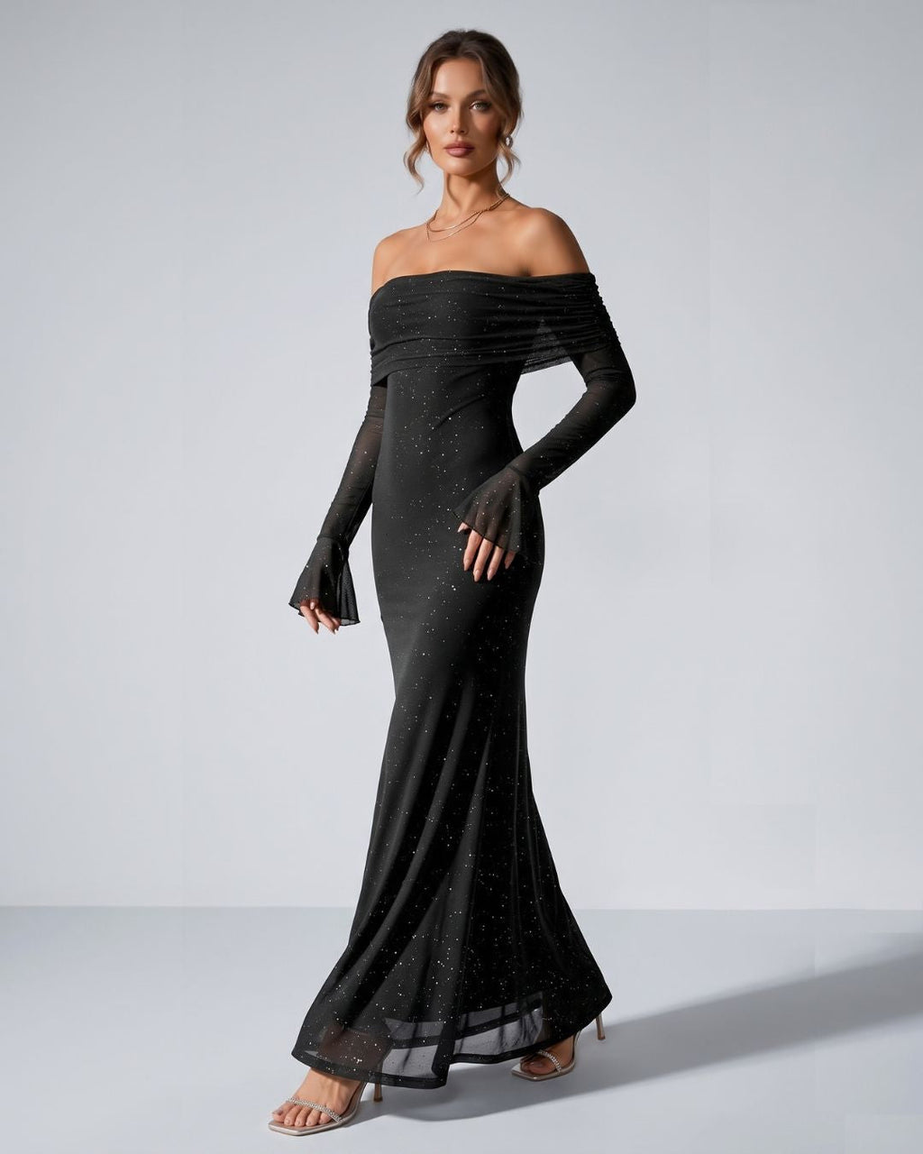 Velméra — Vestido Maxi Bardot con Destellos