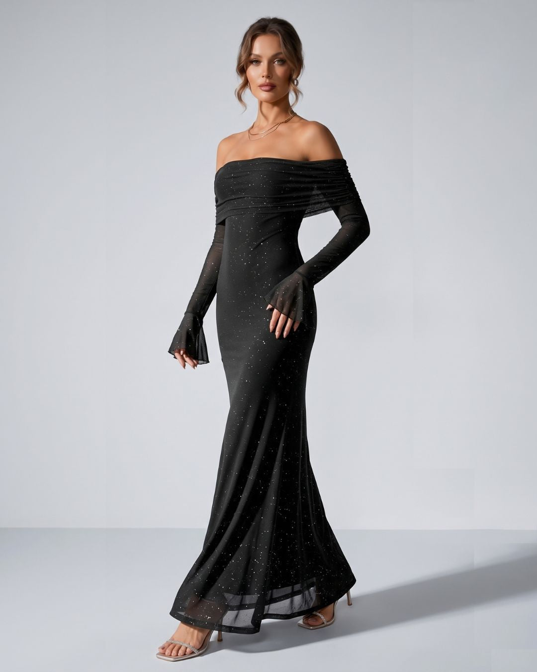 Velméra — Vestido Maxi Bardot con Destellos