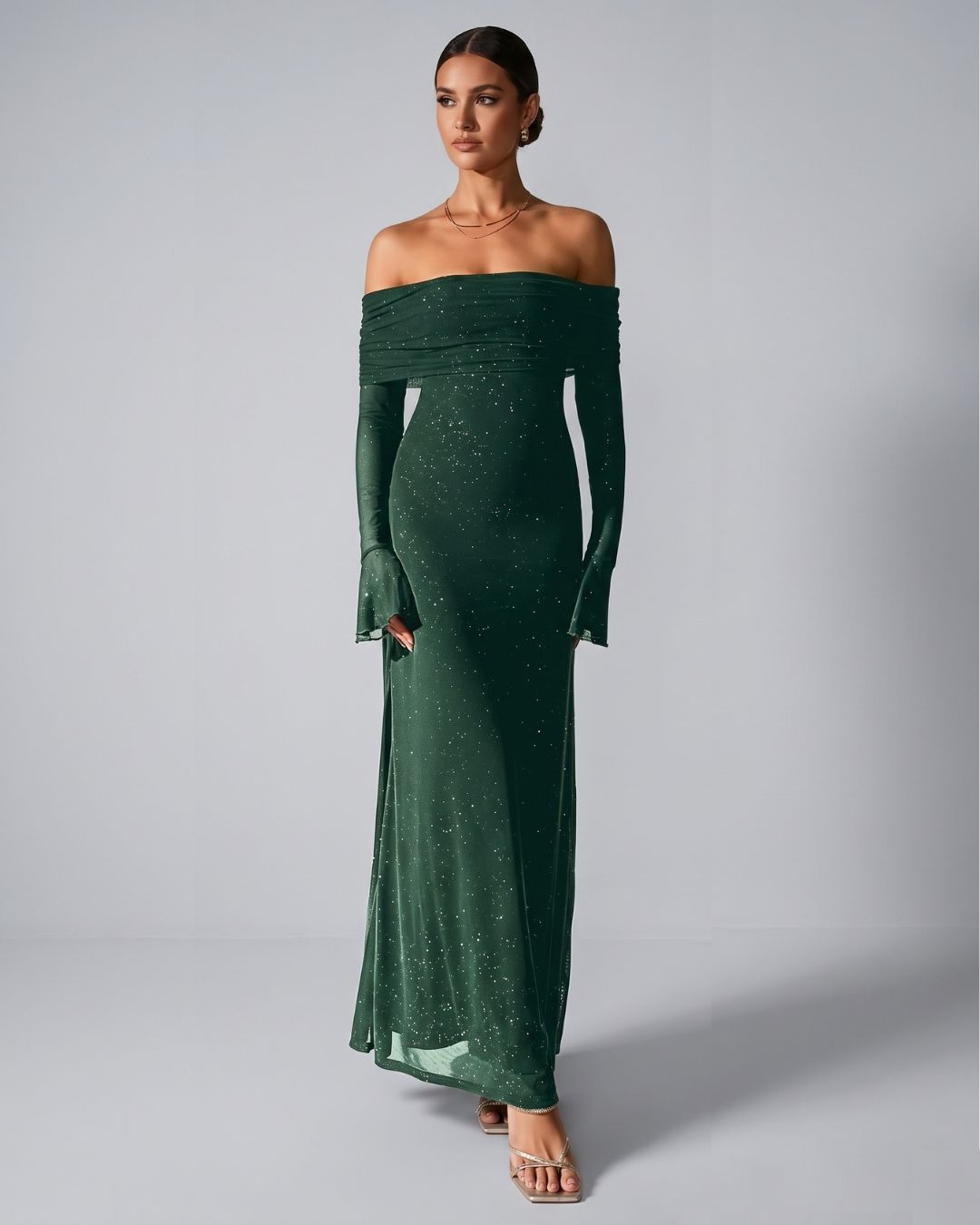 Velméra — Vestido Maxi Bardot con Destellos
