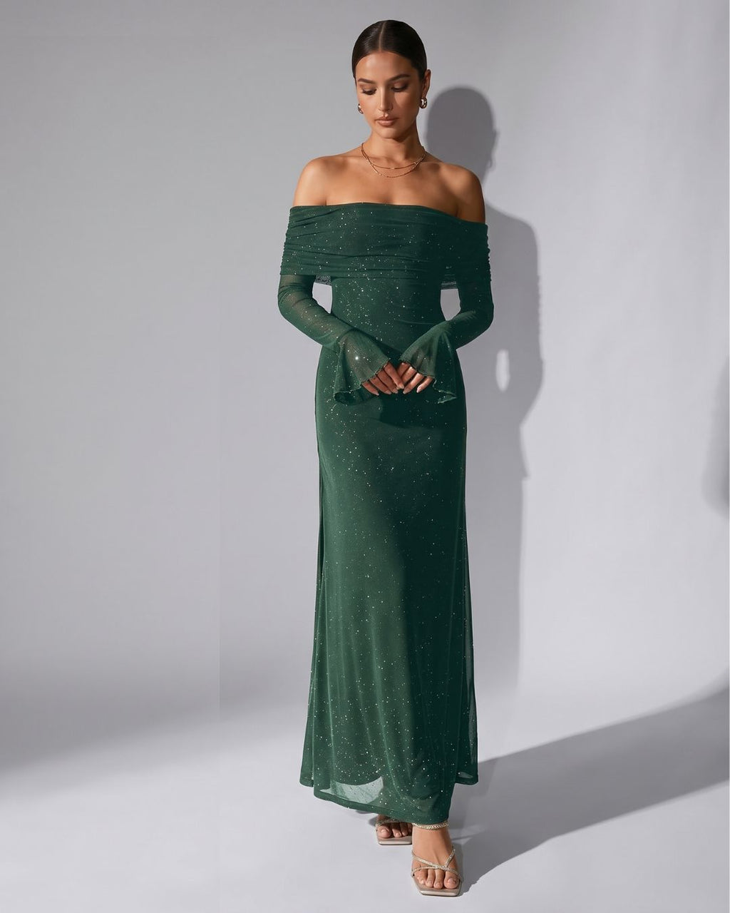 Velméra — Vestido Maxi Bardot con Destellos