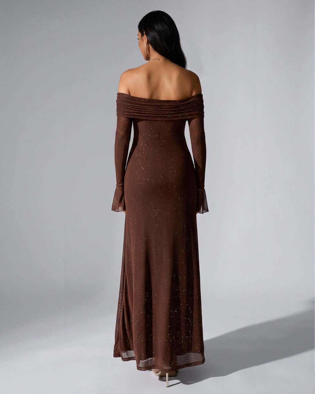 Velméra — Vestido Maxi Bardot con Destellos
