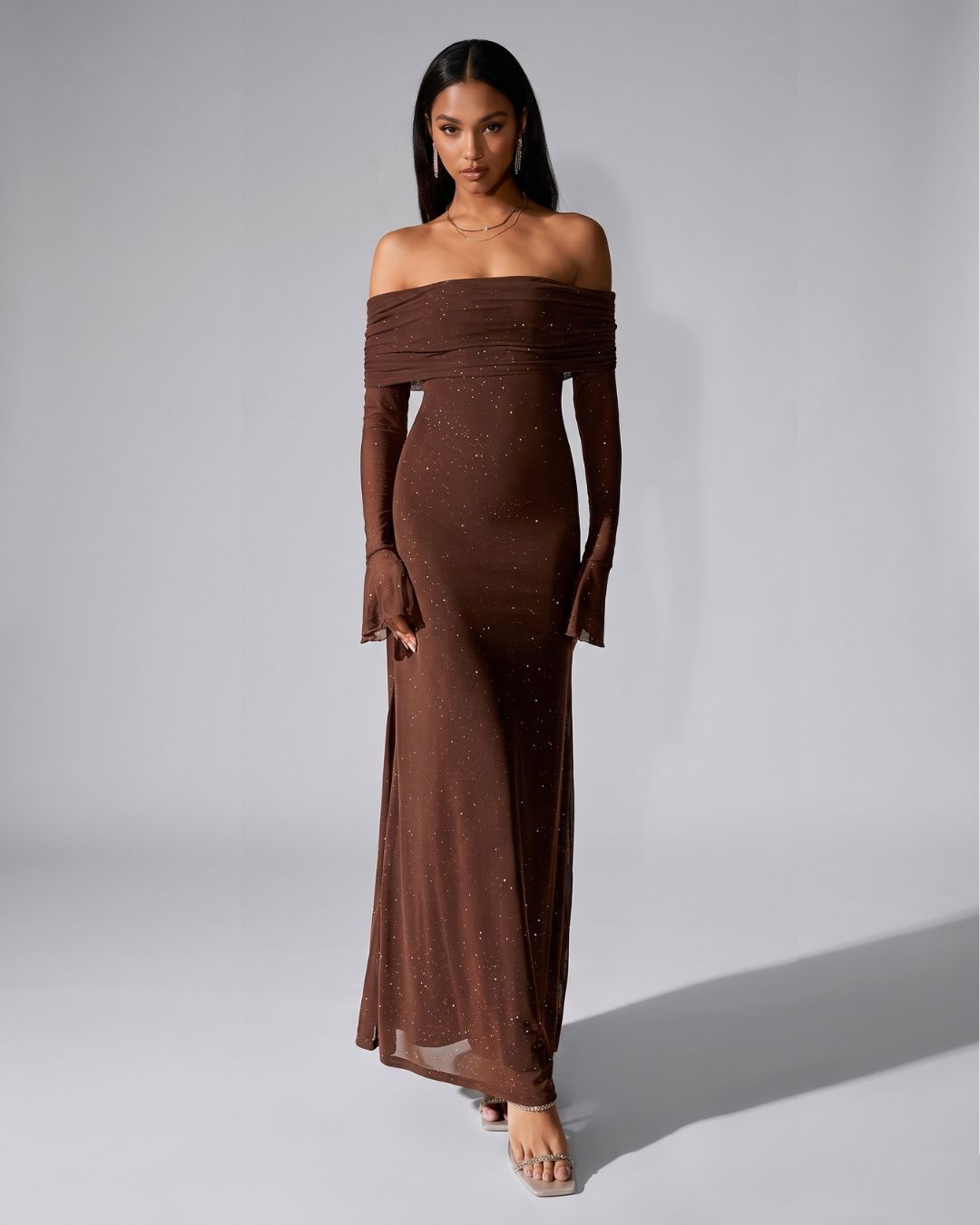 Velméra — Vestido Maxi Bardot con Destellos