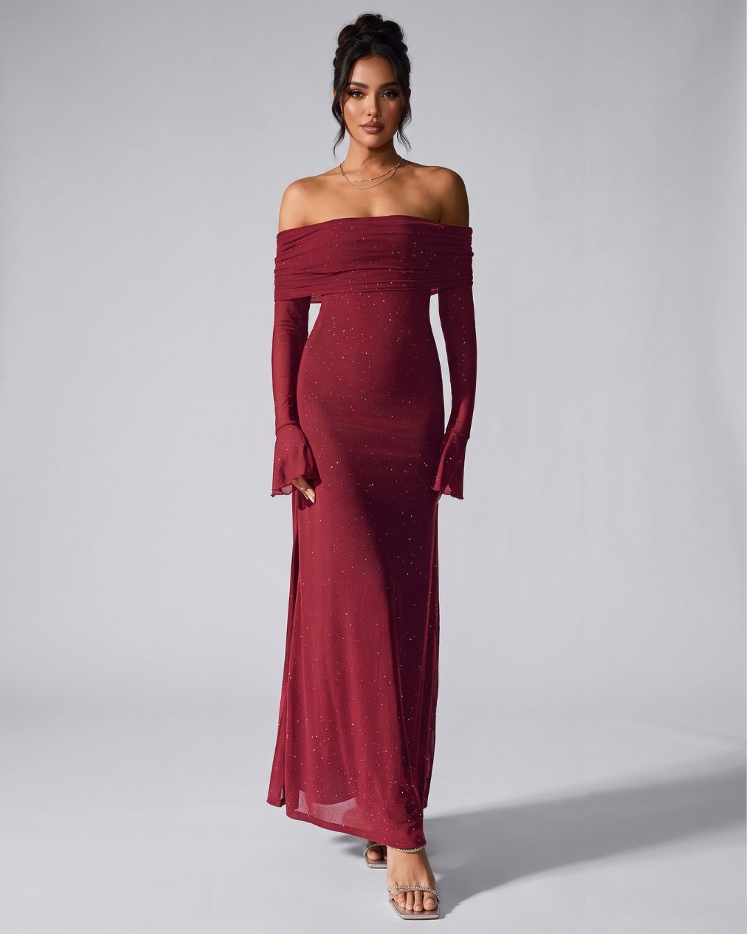 Velméra — Vestido Maxi Bardot con Destellos