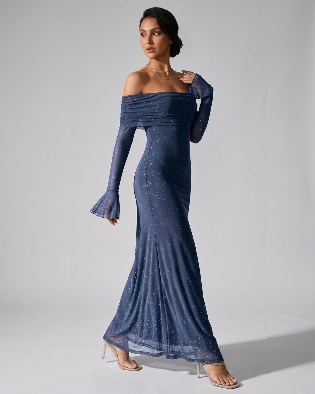 Velméra — Vestido Maxi Bardot con Destellos