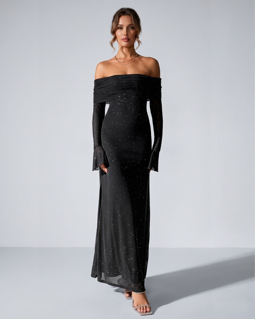 Velméra — Vestido Maxi Bardot con Destellos