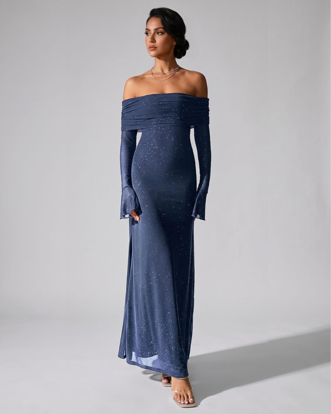 Velméra — Vestido Maxi Bardot con Destellos