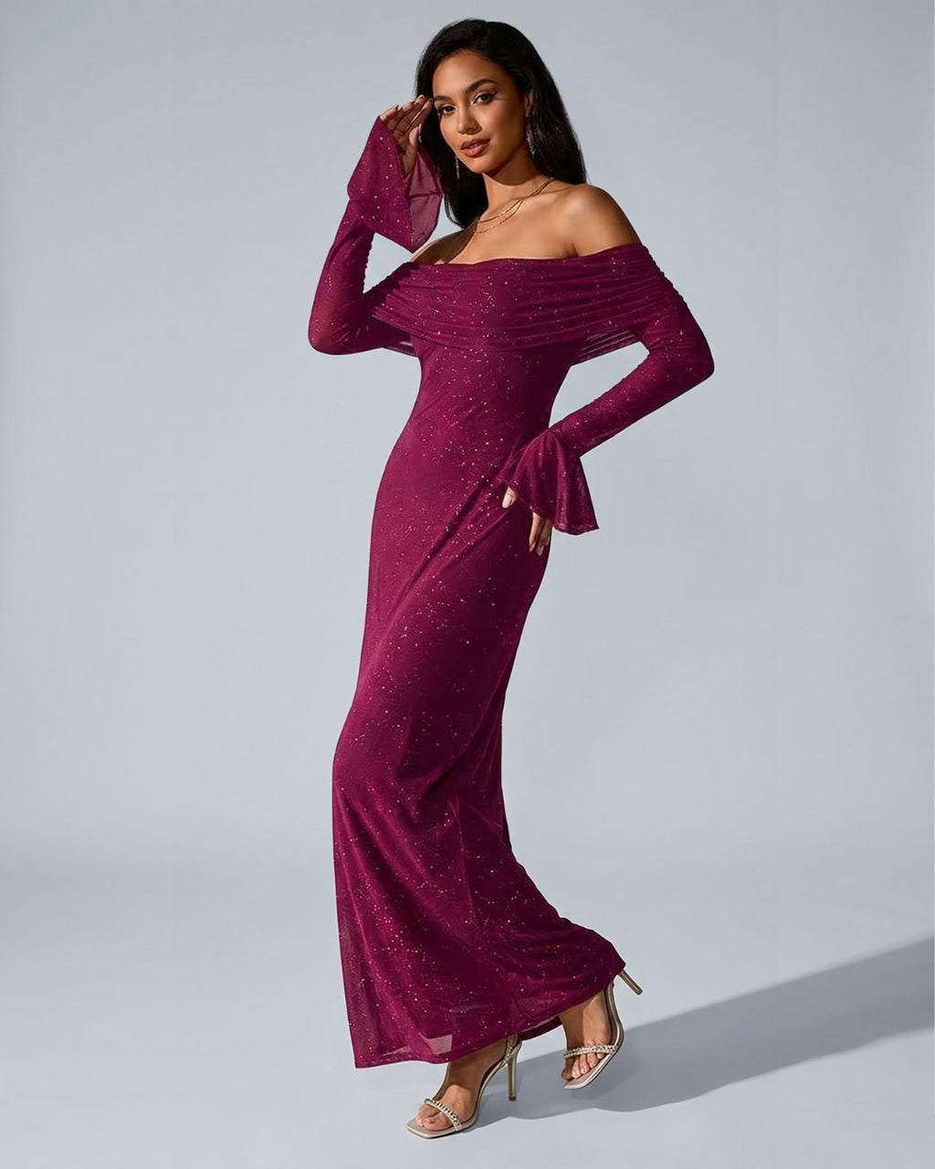 Velméra — Vestido Maxi Bardot con Destellos