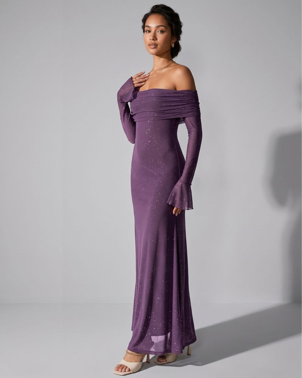 Velméra — Vestido Maxi Bardot con Destellos