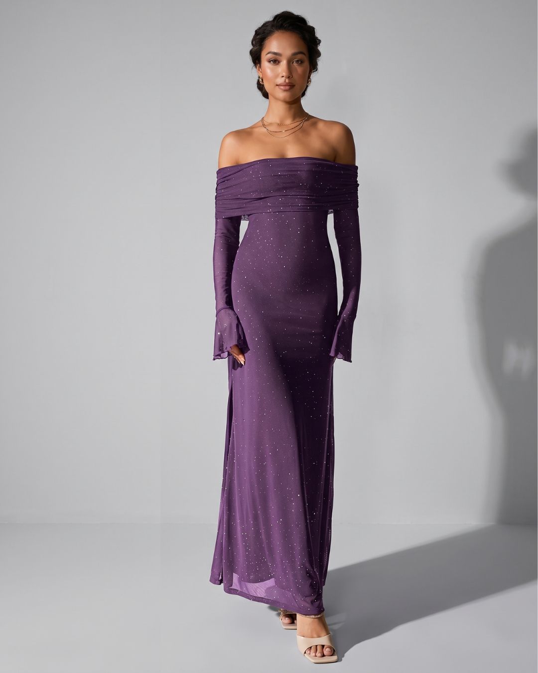 Velméra — Vestido Maxi Bardot con Destellos
