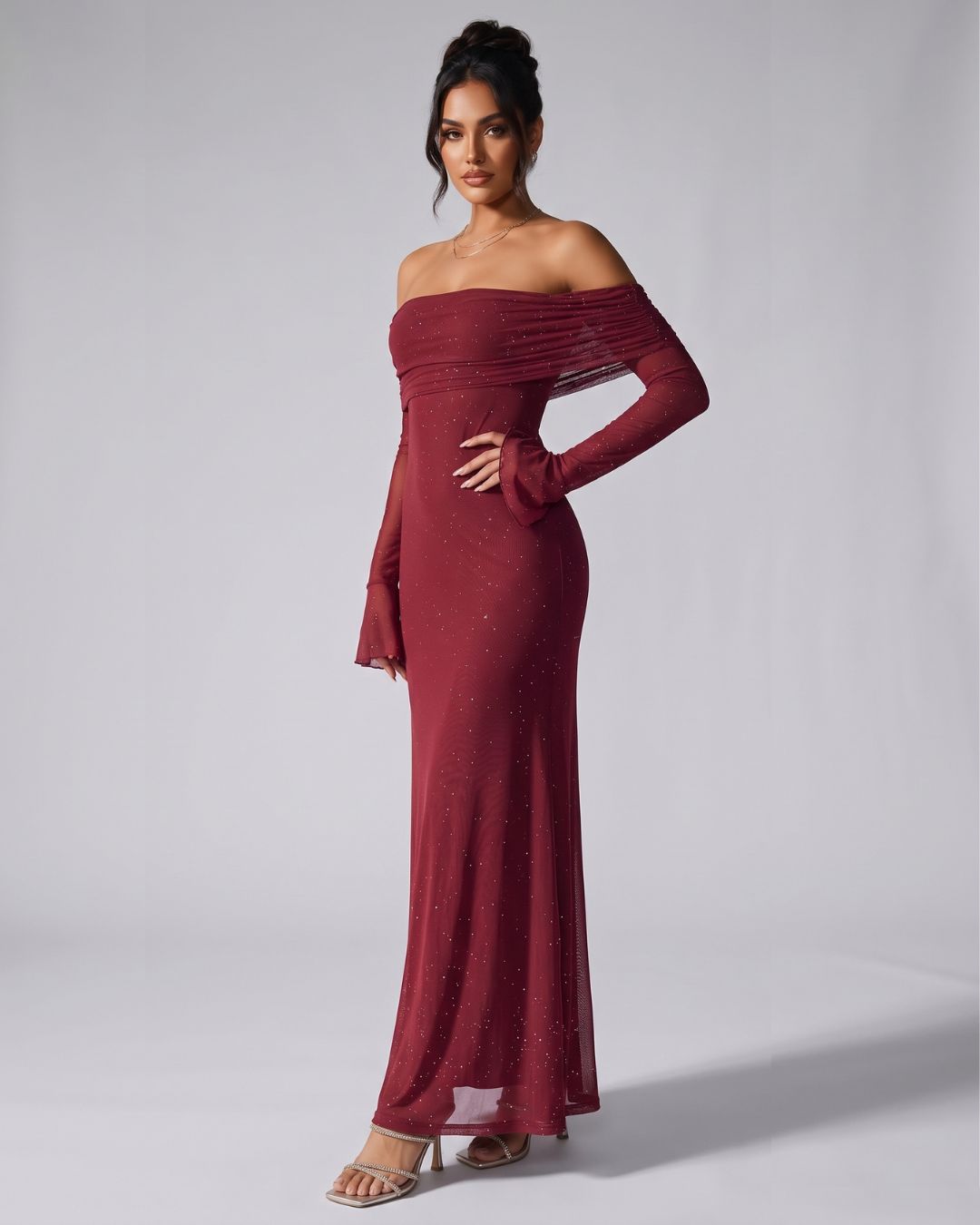Velméra — Vestido Maxi Bardot con Destellos