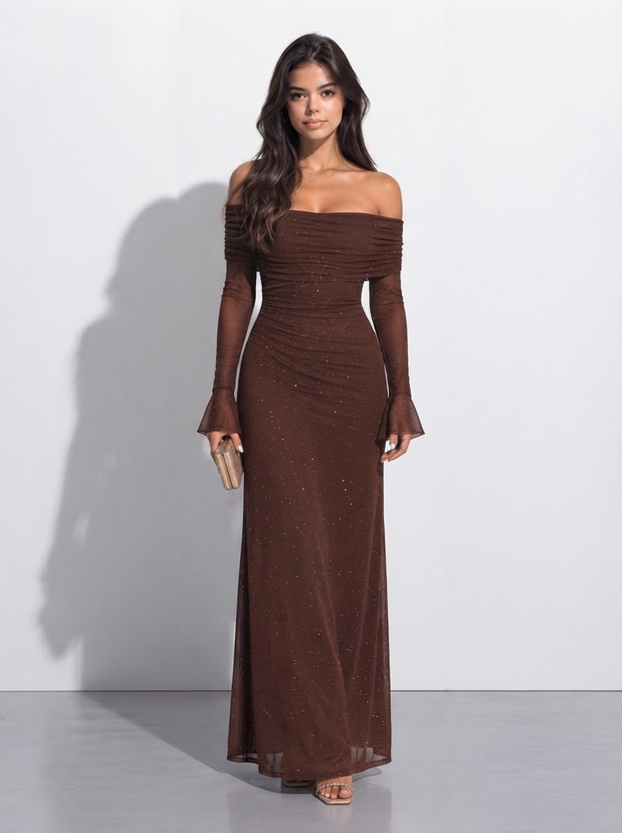 Velméra — Vestido Maxi Bardot con Destellos